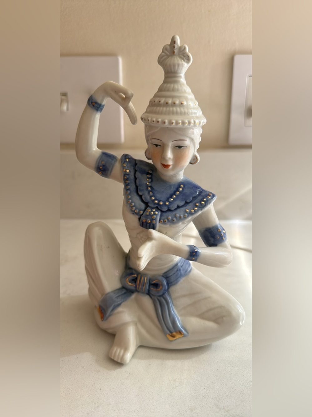 Antique Blue and White Ceramic Dancer Figurine - Decorative Home Art
